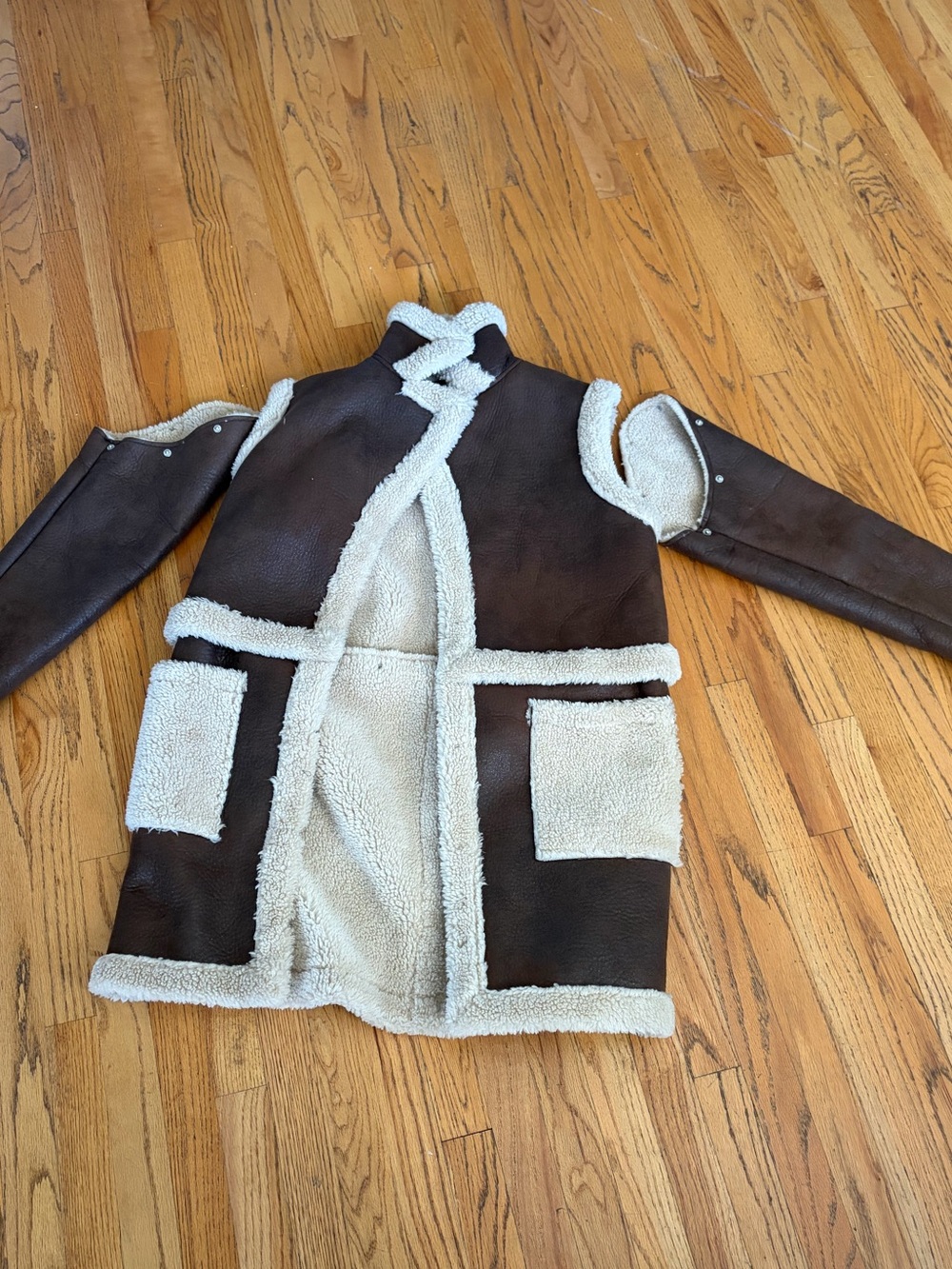 JustFab Brown Teddy Shearling-Trim 4 in 1 Coat with Cream Accents - Picture 3 of 8